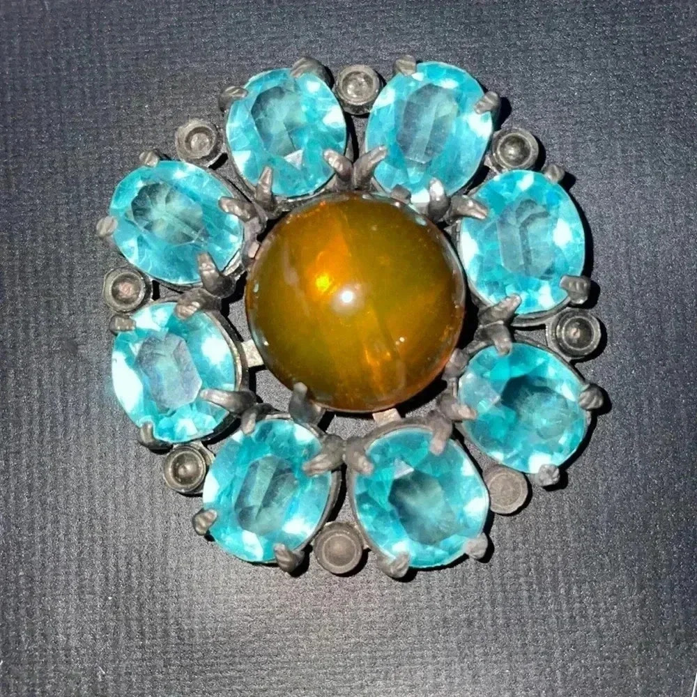 Vintage Czech aquamarine blue and yellow black silver tone pendant ,
